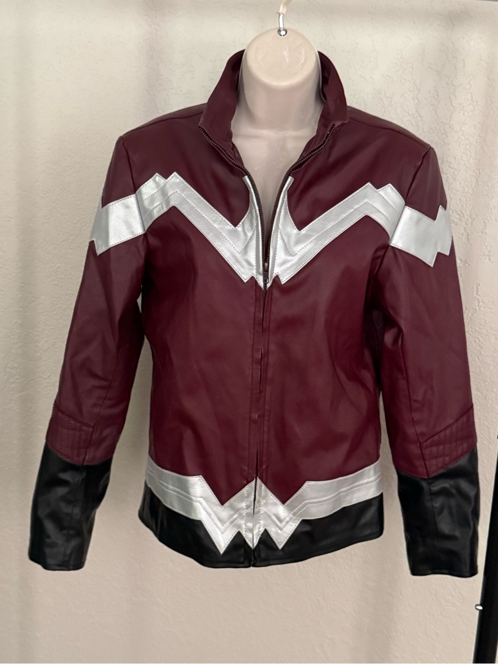 Takito Superhero Faux Leather Jacket Burgundy Silver Women’s L